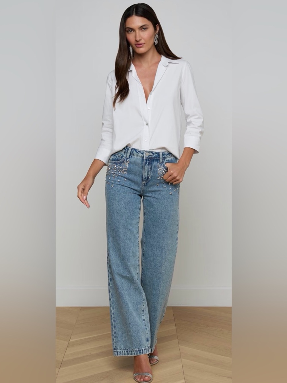 L'AGENCE Scottie Crystal Embellished High Rise Wide Leg Jeans in Malibu
